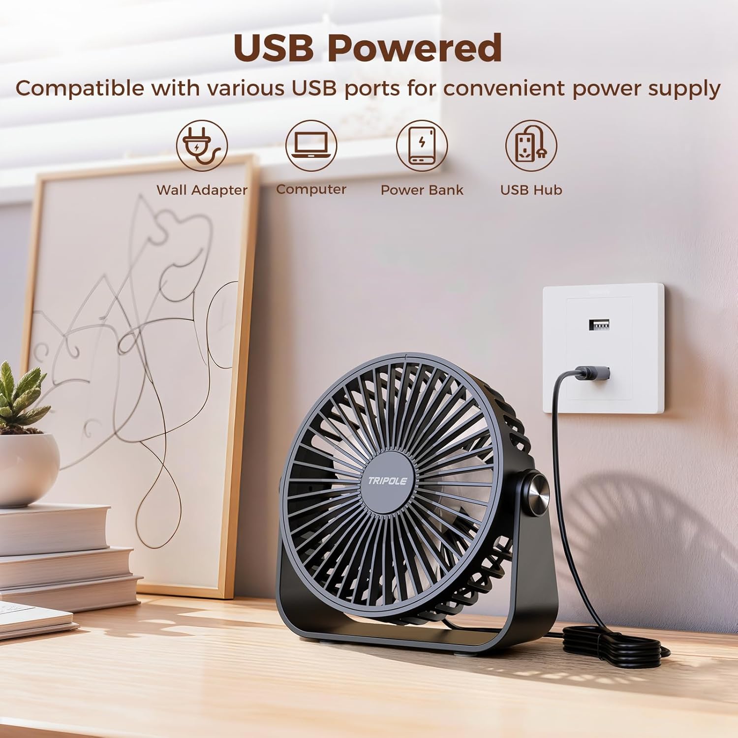 TriPole USB Tischventilator 11,4 cm 3 Stufen 360° verstellbar 1,5 m Kabel