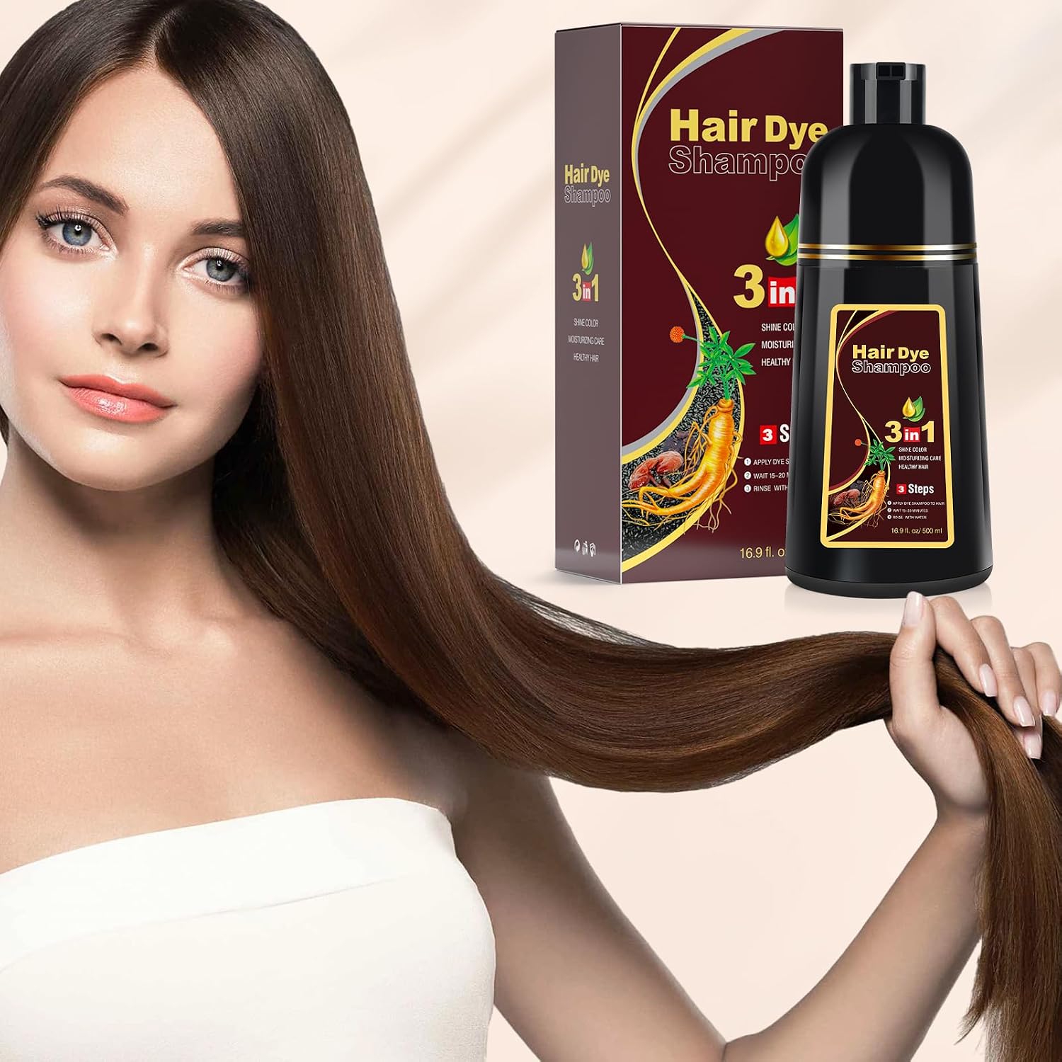Haarfaerbeshampoo Schwarz 3‑in‑1 fuer Maenner und Frauen graues Haar