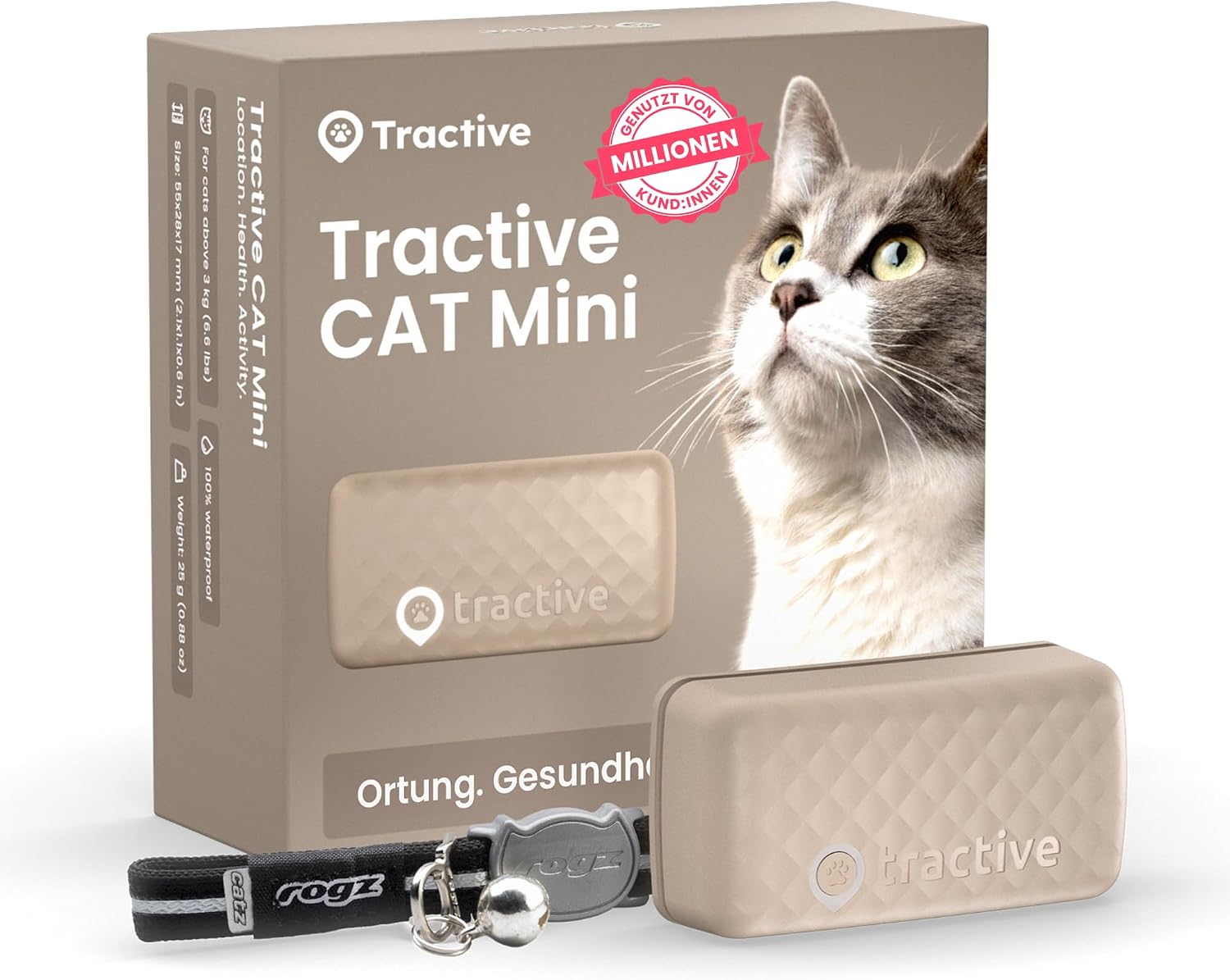Tractive CAT Mini GPS Tracker Katzen Halsband Braun mit Live-Ortung
