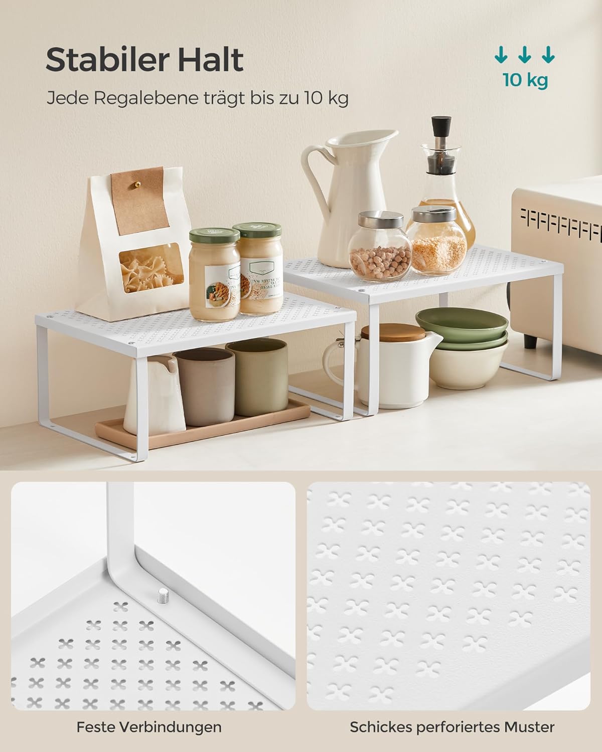 Gewuerzregal 2er Set stapelbar Weiss Kuechen Organizer 32cm-40cm