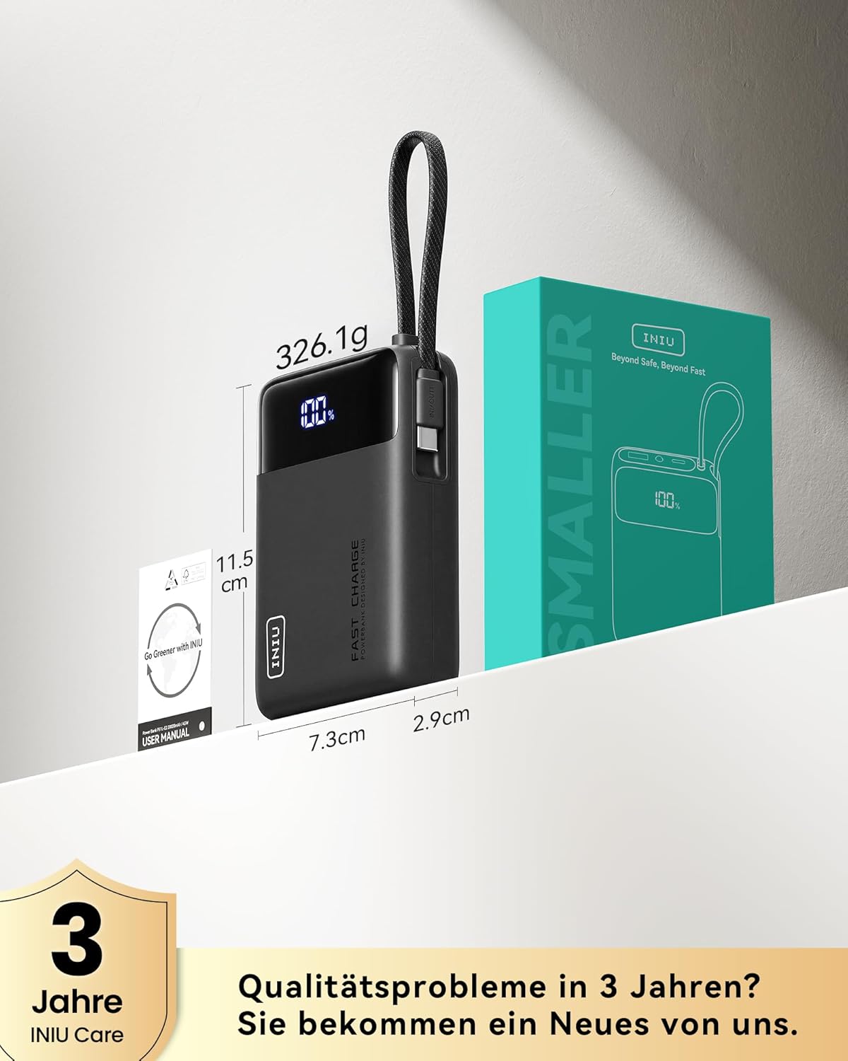 INIU 45W Power Bank 20000 mAh mit integriertem USB‑C Kabel Schnellladen