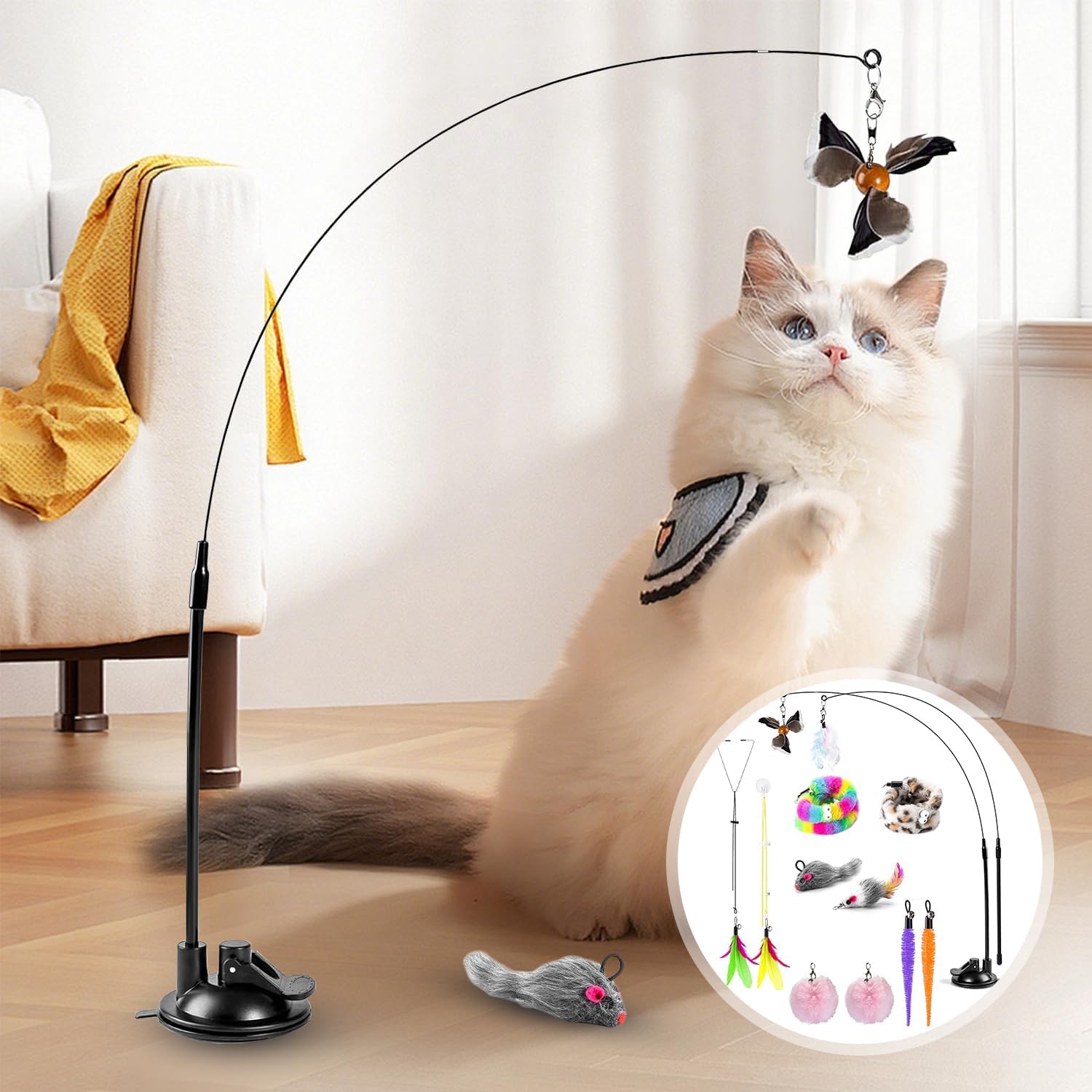 Katzenangel mit Feder und Saugnapf Katzenspielzeug Interaktives Spiel
