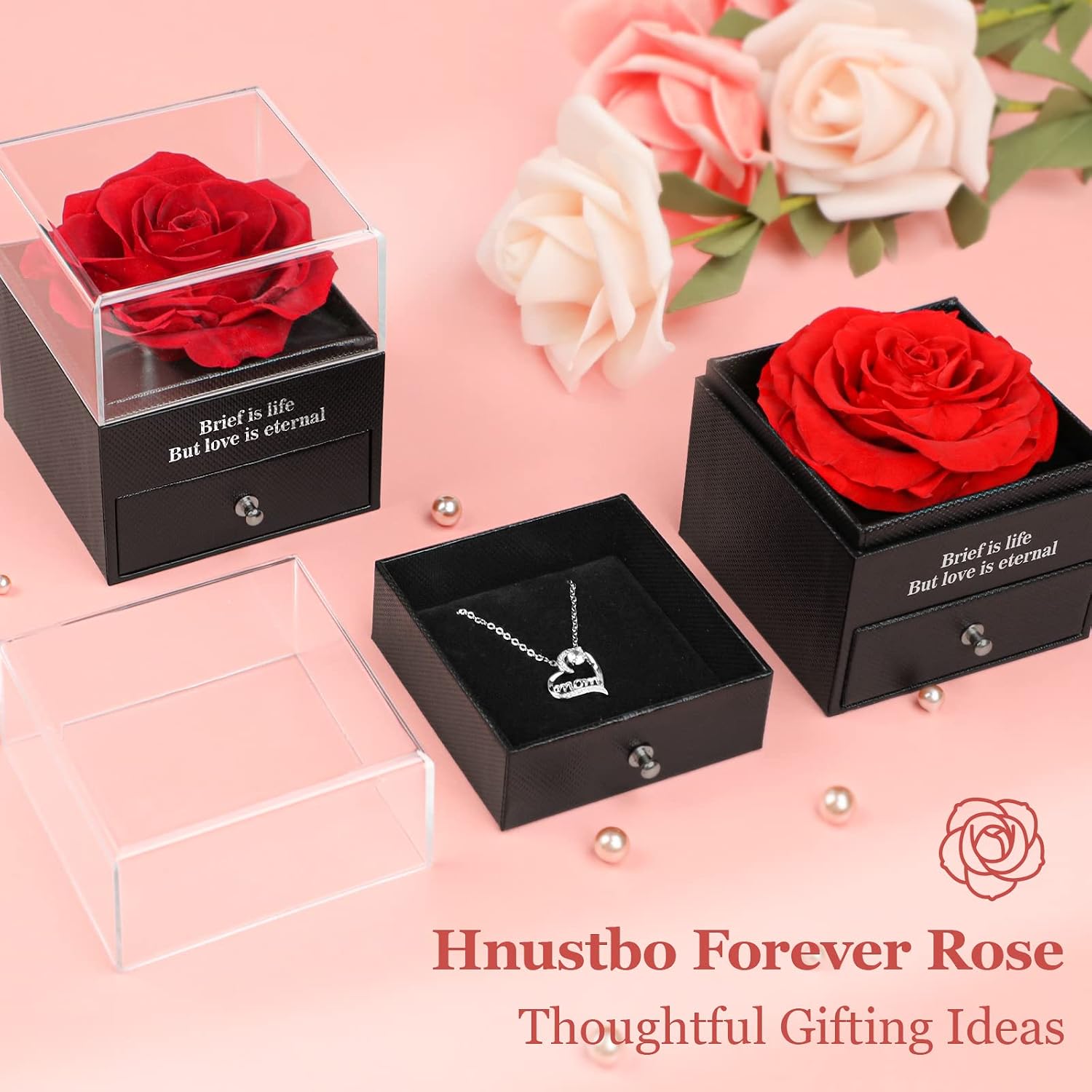 Ewige Rose Geschenkbox fuer Frauen mit I Love You Halskette Schmuckset
