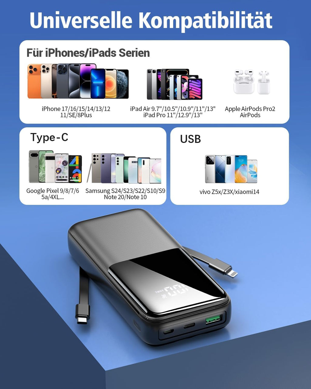 Powerbank 26800 mAh 22,5W USB-C Schnellladung 3 Anschluesse 2 Kabel Schwarz
