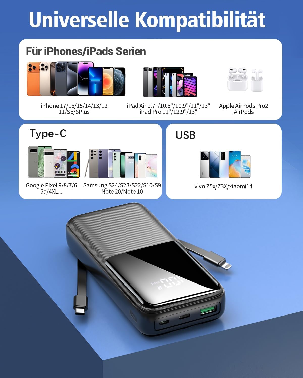 Powerbank 26800 mAh 22,5W USB-C Schnellladung 3 Anschluesse 2 Kabel Schwarz