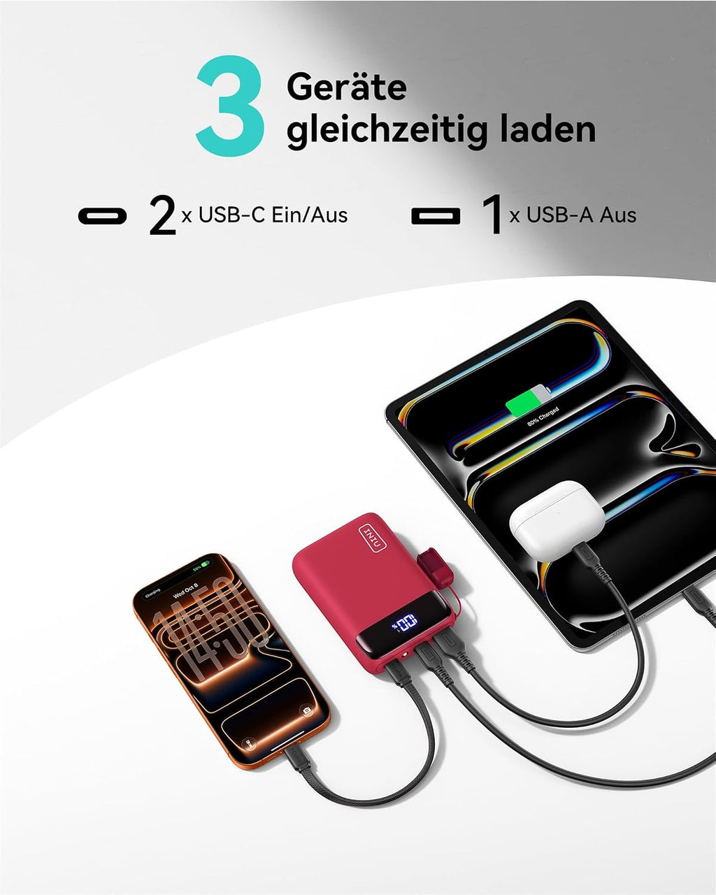 INIU Powerbank 20000 mAh 22.5W mit abnehmbarem USB‑C Kabel, flugtauglich