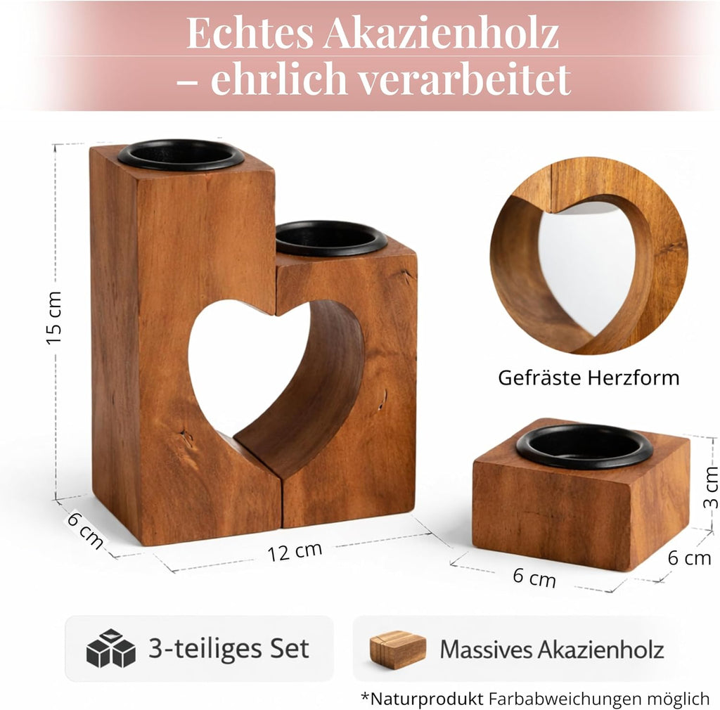Teelichthalter Herz 3er Set aus Akazienholz 15 cm Valentinstag Geschenk