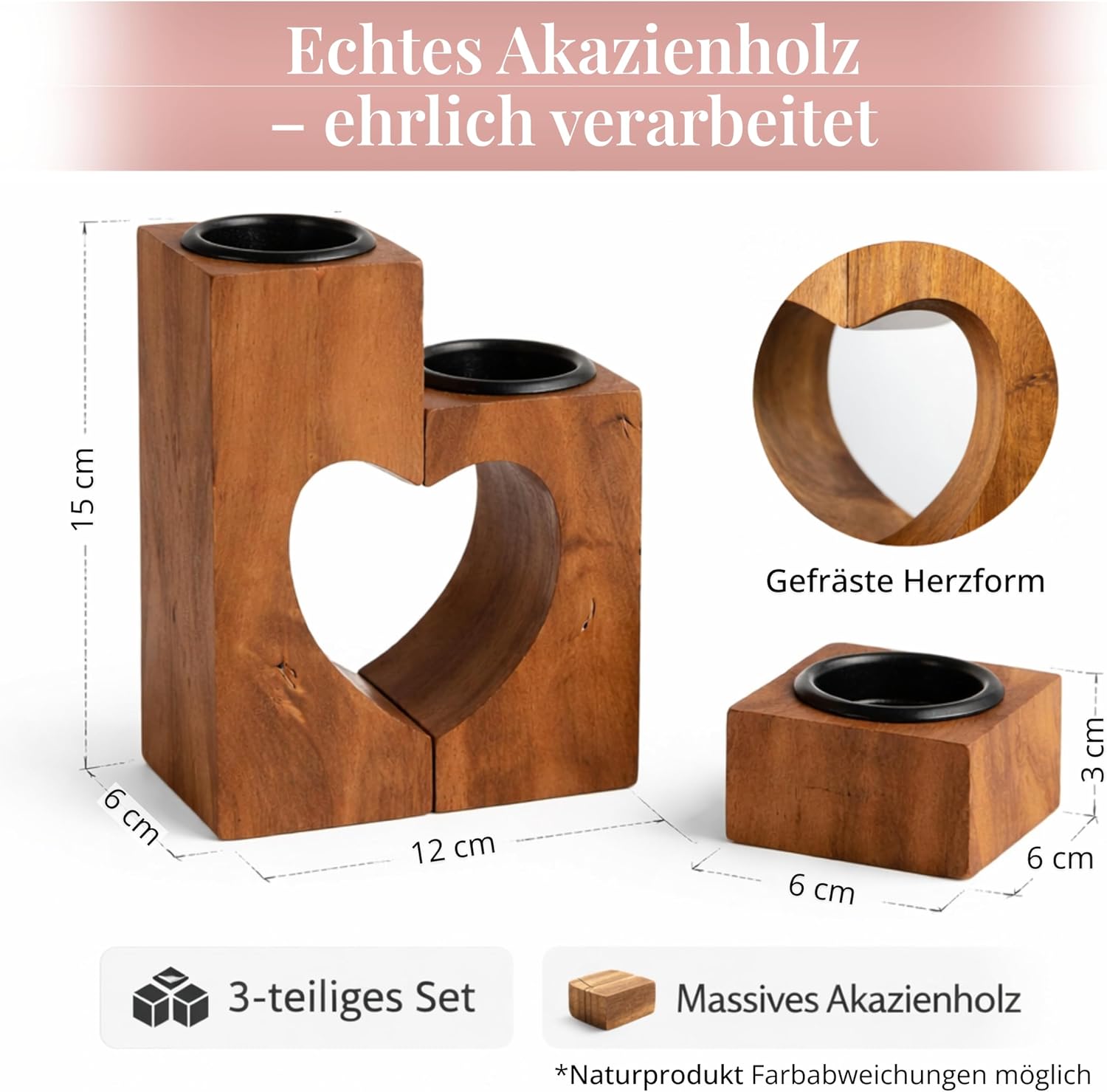 Teelichthalter Herz 3er Set aus Akazienholz 15 cm Valentinstag Geschenk