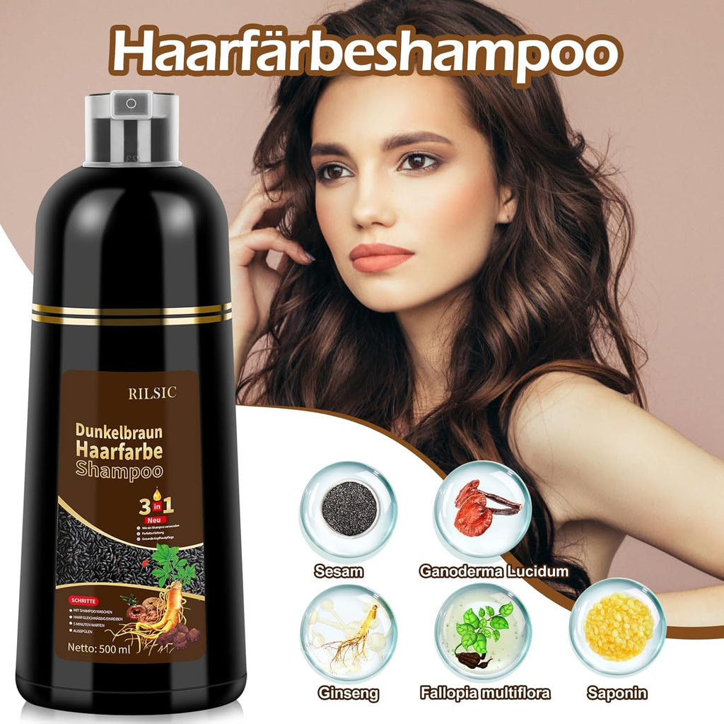 Haarfaerbeshampoo Braun 3-in-1 gegen graue Haare fuer Maenner Frauen