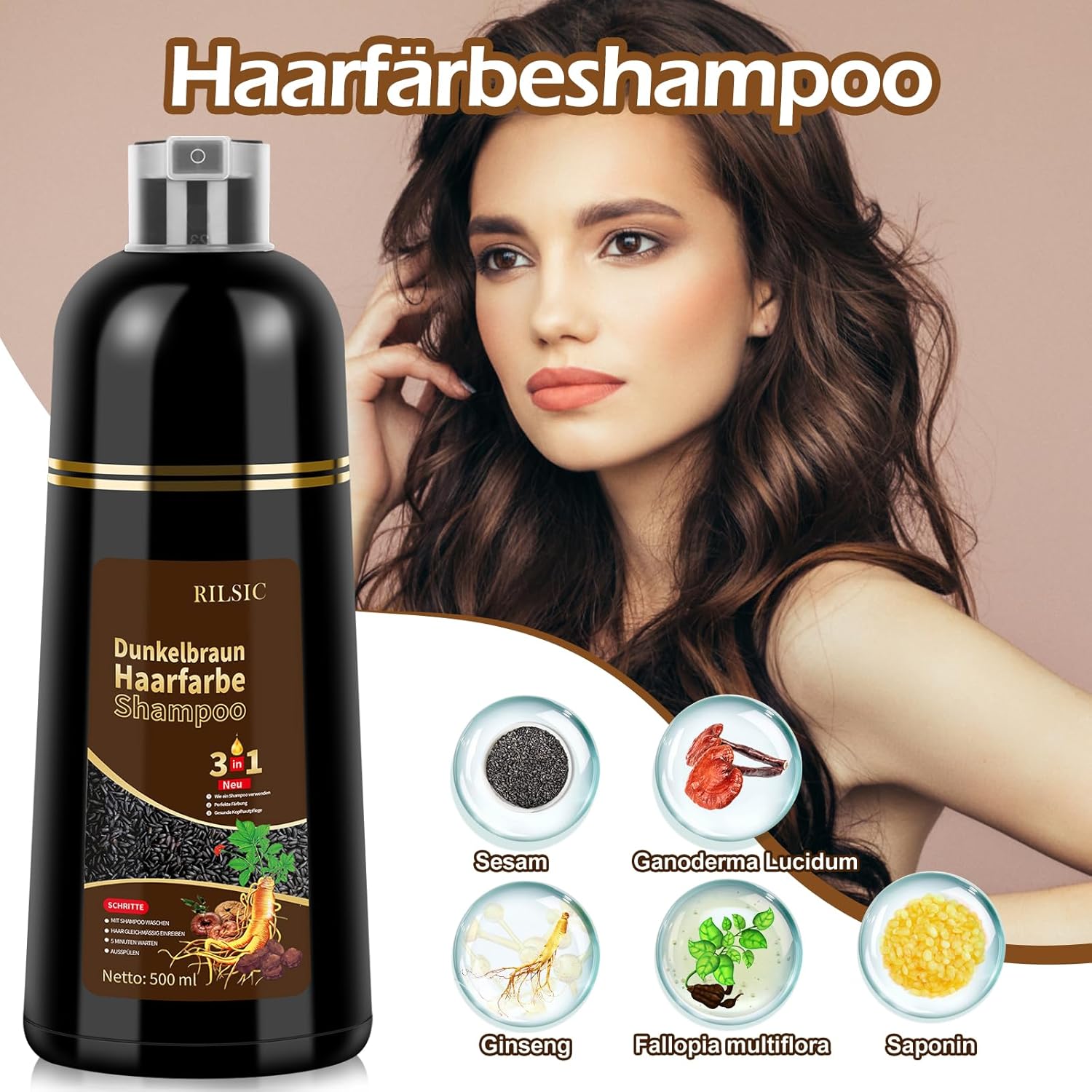 Haarfaerbeshampoo Braun 3-in-1 gegen graue Haare fuer Maenner Frauen