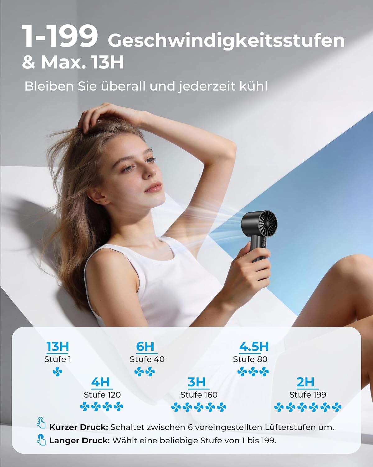 Handventilator Mini USB mit Akku, LED Display, 1-199 Stufen, bis 13 Std, Schwarz