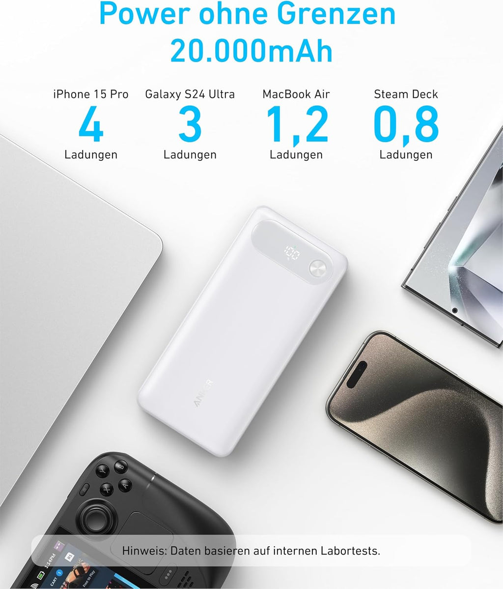 Anker Powerbank 20000 mAh 87W mit integriertem USB‑C Kabel, USB‑A, USB‑C