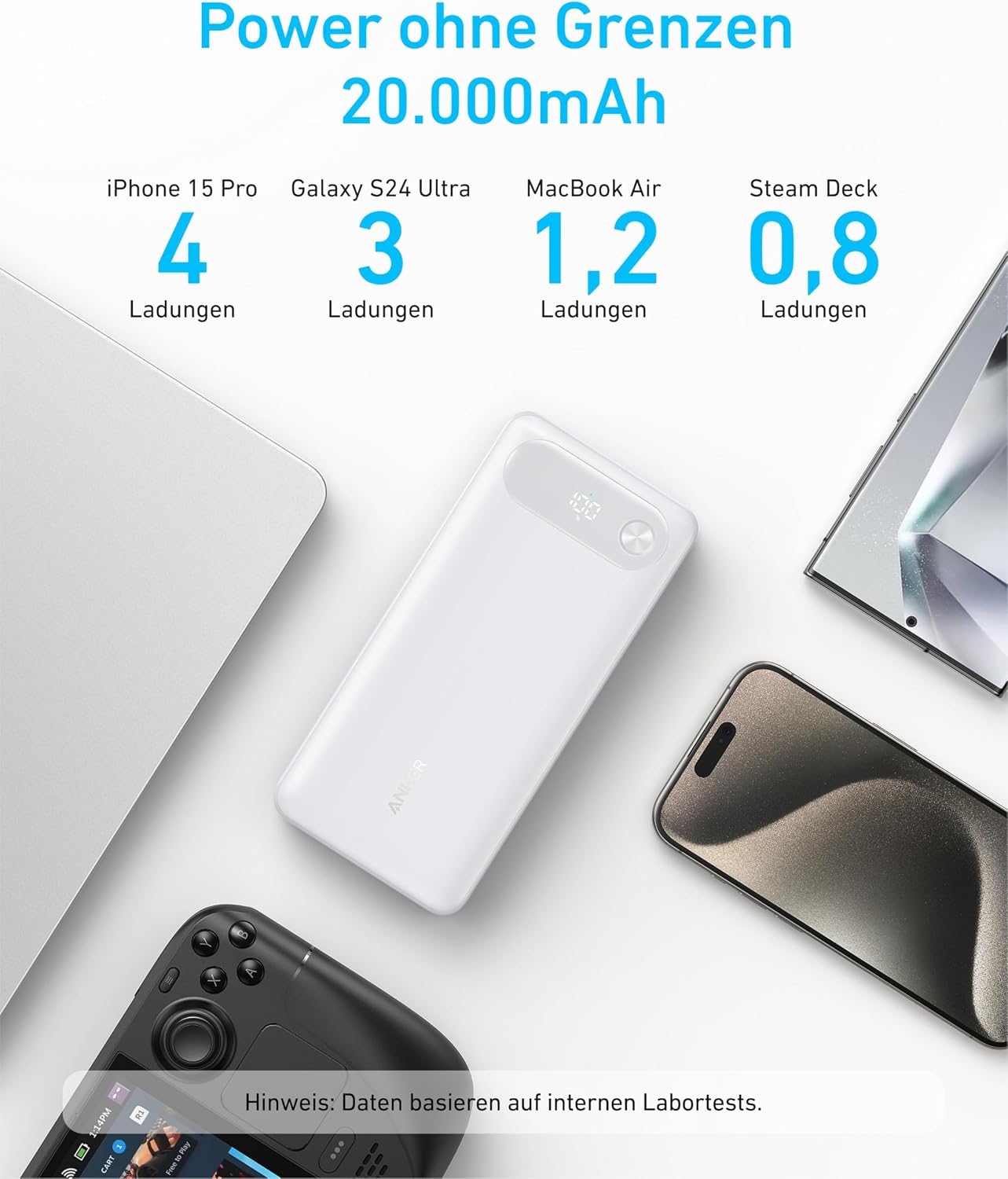 Anker Powerbank 20000 mAh 87W mit integriertem USB‑C Kabel, USB‑A, USB‑C