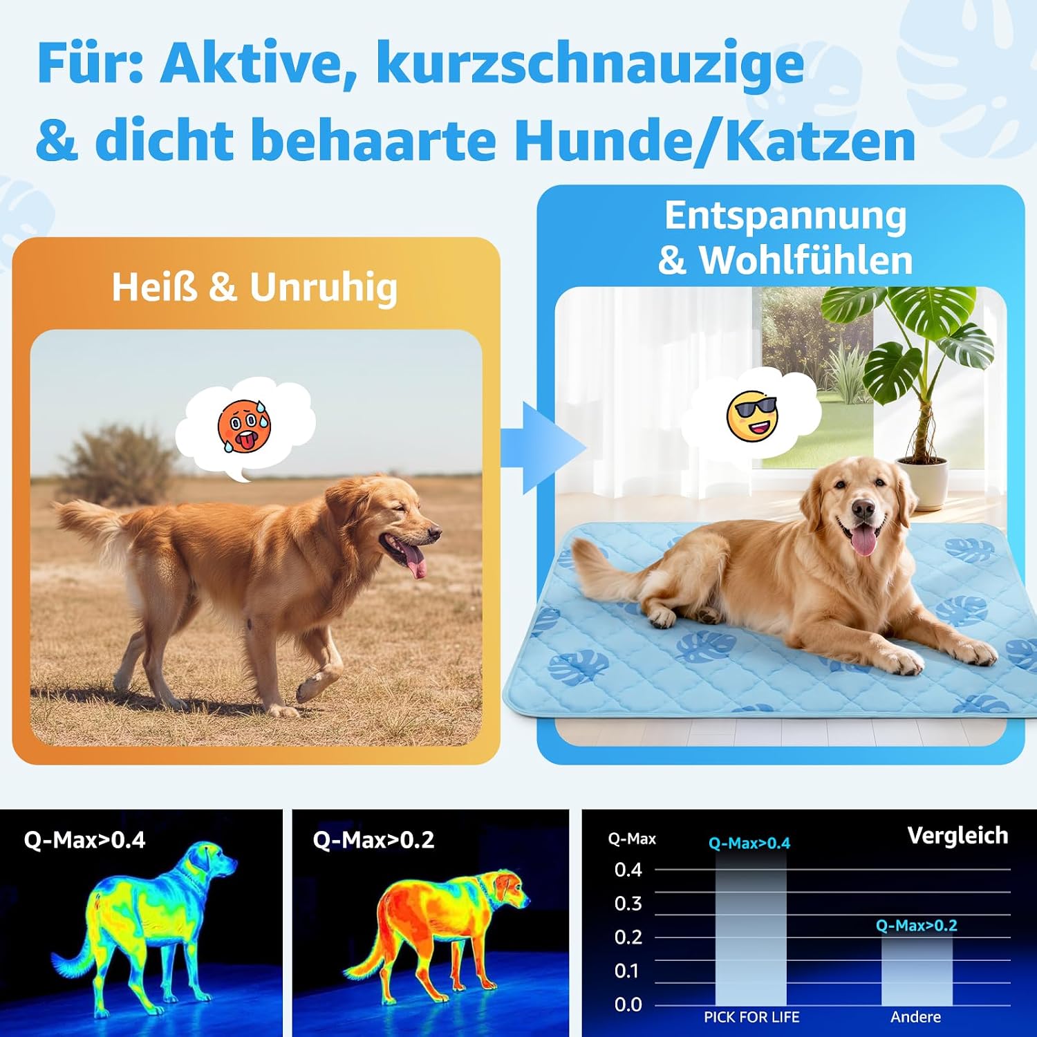 PICK FOR LIFE Kuehldecke Hund 70x55 cm Waschbar selbstkuehlend Grau 1cm