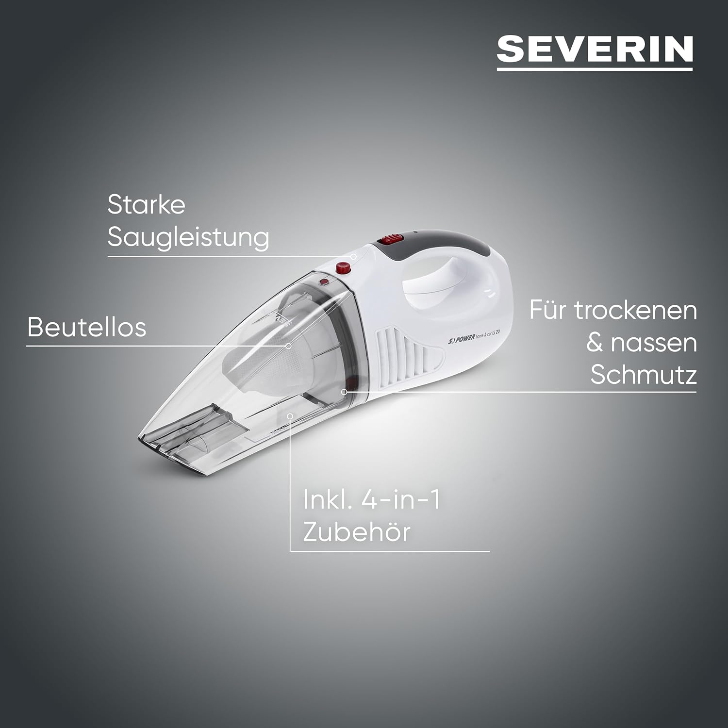 SEVERIN Akku Handstaubsauger 3‑in‑1 Nass und Trocken Weiss/Rot