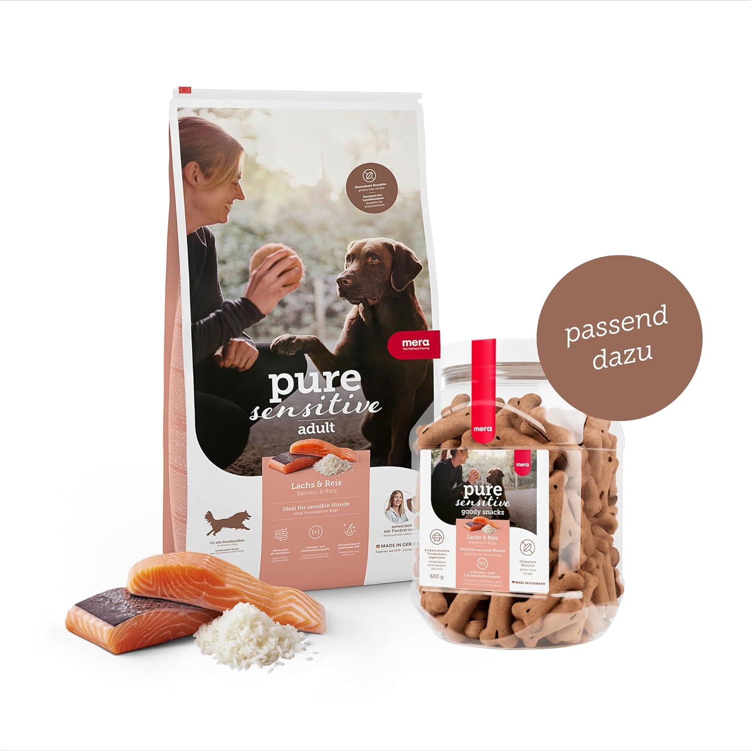 MERA Pure Sensitive Lachs & Reis Trockenfutter fuer ausgewachsene Hunde -12,5k