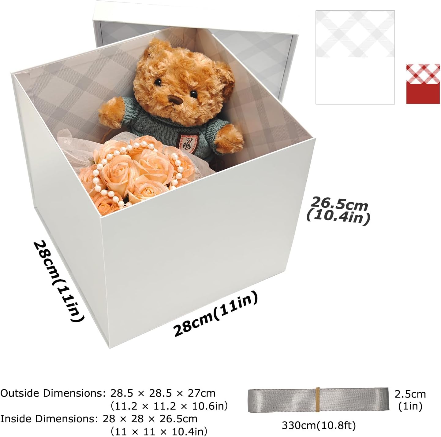 Tekhoho Geschenkbox Weiss 22x22x20,5 cm mit kariertem Innenfutter