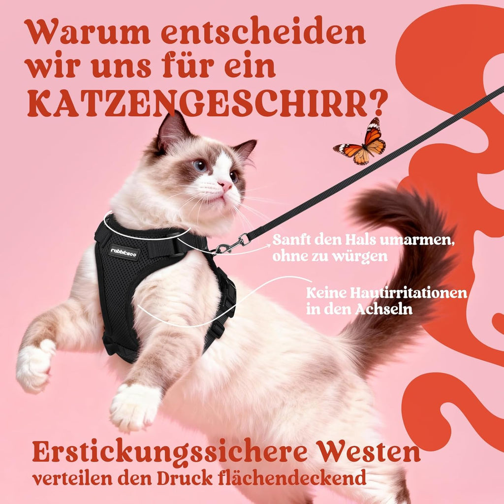 rabbitgoo Katzenbrustgeschirr verstellbar reflektierend mit Leine Schwarz M