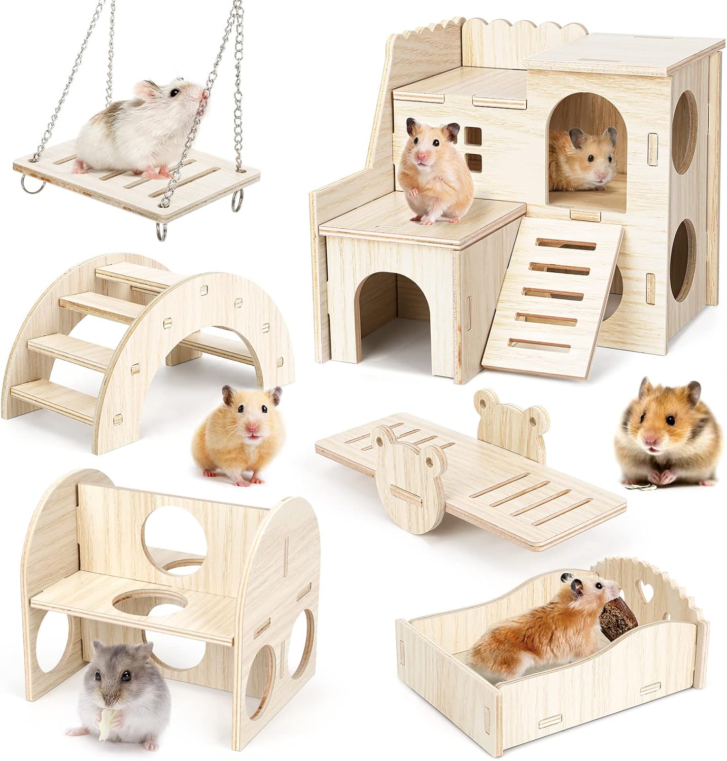 6x Hamster Holzspielzeug Set DIY Haus Kauspielzeug Zubehör für Kleintiere