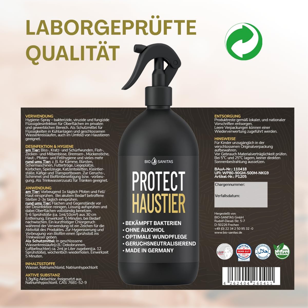 PROTECT Haustier Desinfektionsspray 500 ml alkoholfrei für Hunde und Katzen