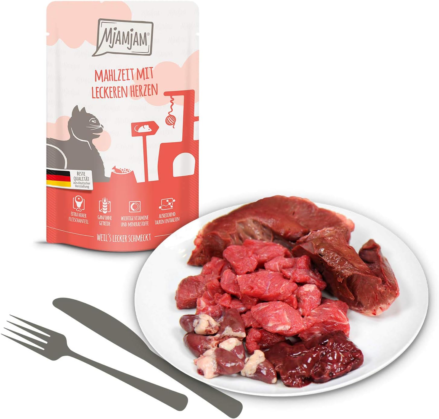 MjAMjAM Premium Katzen Nassfutter Mixpaket I 12x125g Huhn Rind Herzen getreidefr
