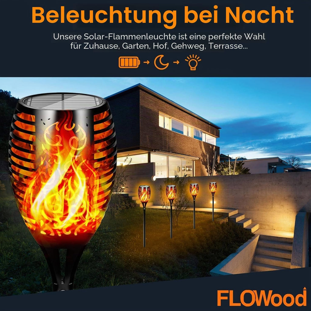 FLOWood Solar-Gartenfackeln 2er Set 110 cm, 96 LED, IP65, flackernd