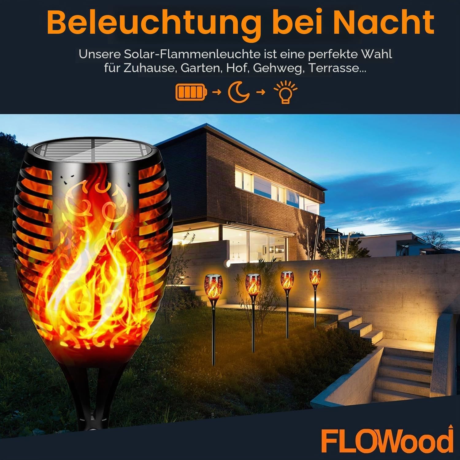 FLOWood Solar-Gartenfackeln 2er Set 110 cm, 96 LED, IP65, flackernd