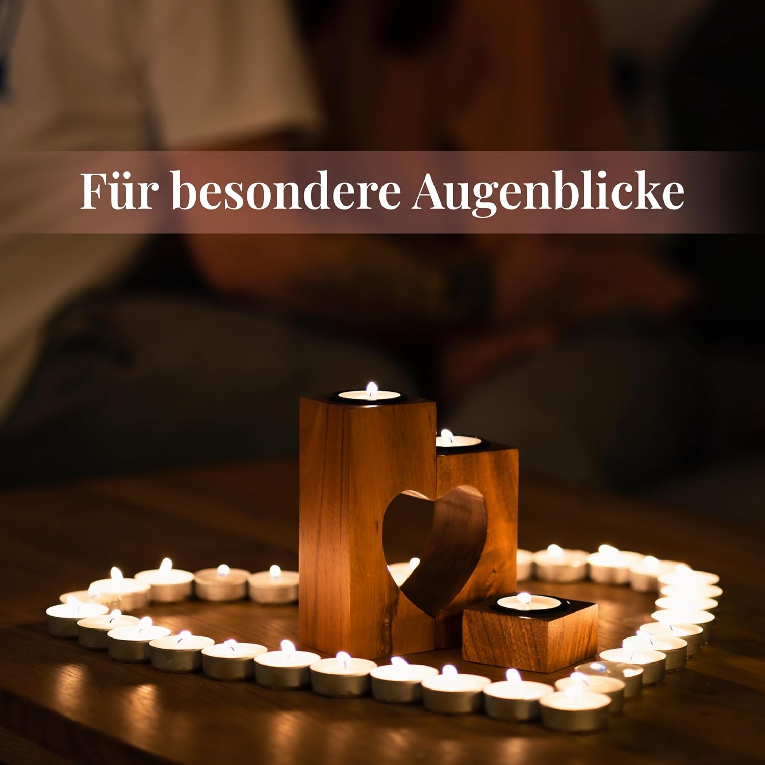 Teelichthalter Herz 3er Set aus Akazienholz 15 cm Valentinstag Geschenk