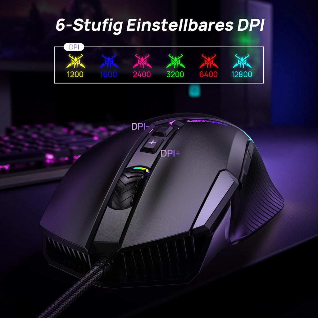 TeckNet Gaming-Maus kabelgebunden 12800 DPI RGB 8 Tasten Rechtshaender