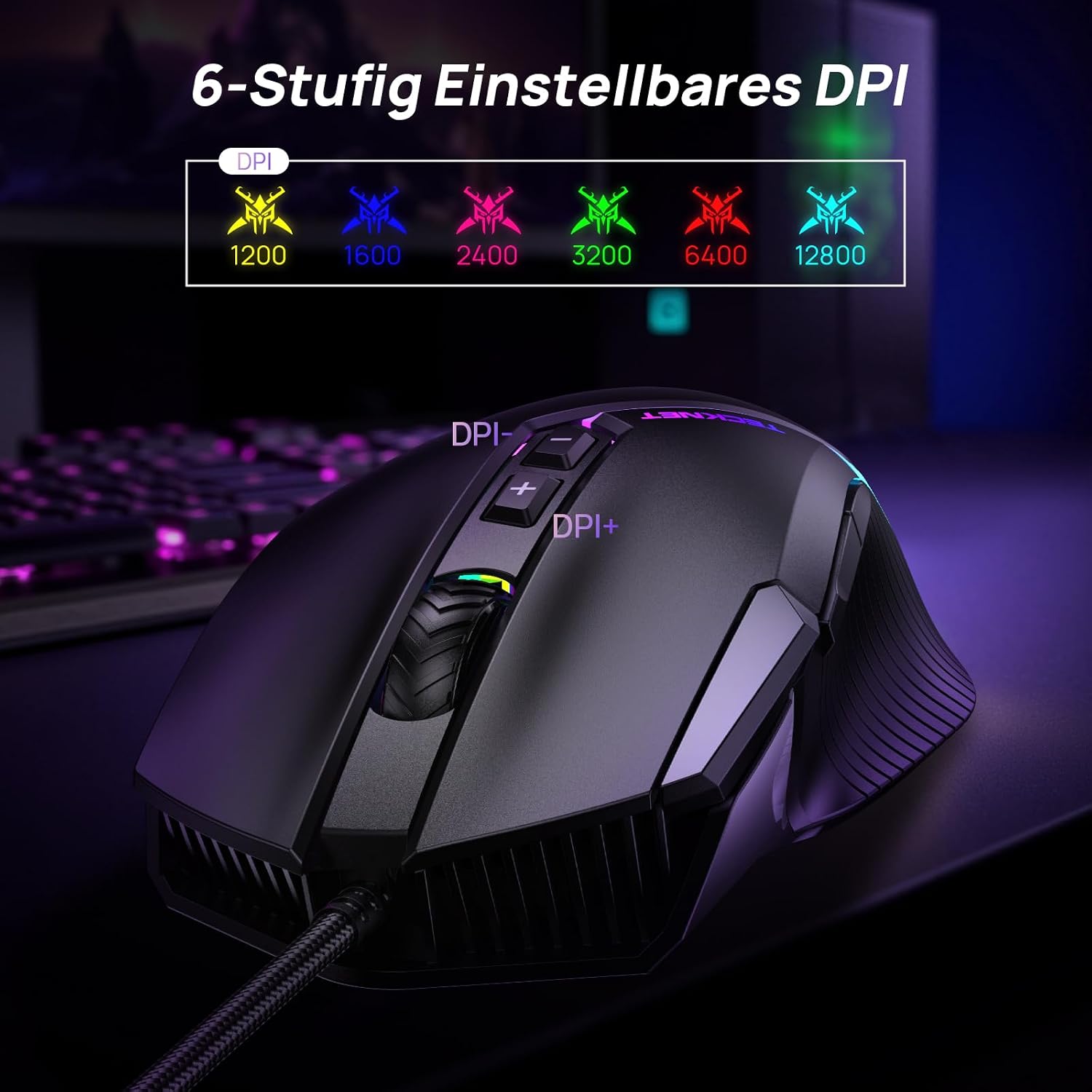 TeckNet Gaming-Maus kabelgebunden 12800 DPI RGB 8 Tasten Rechtshaender