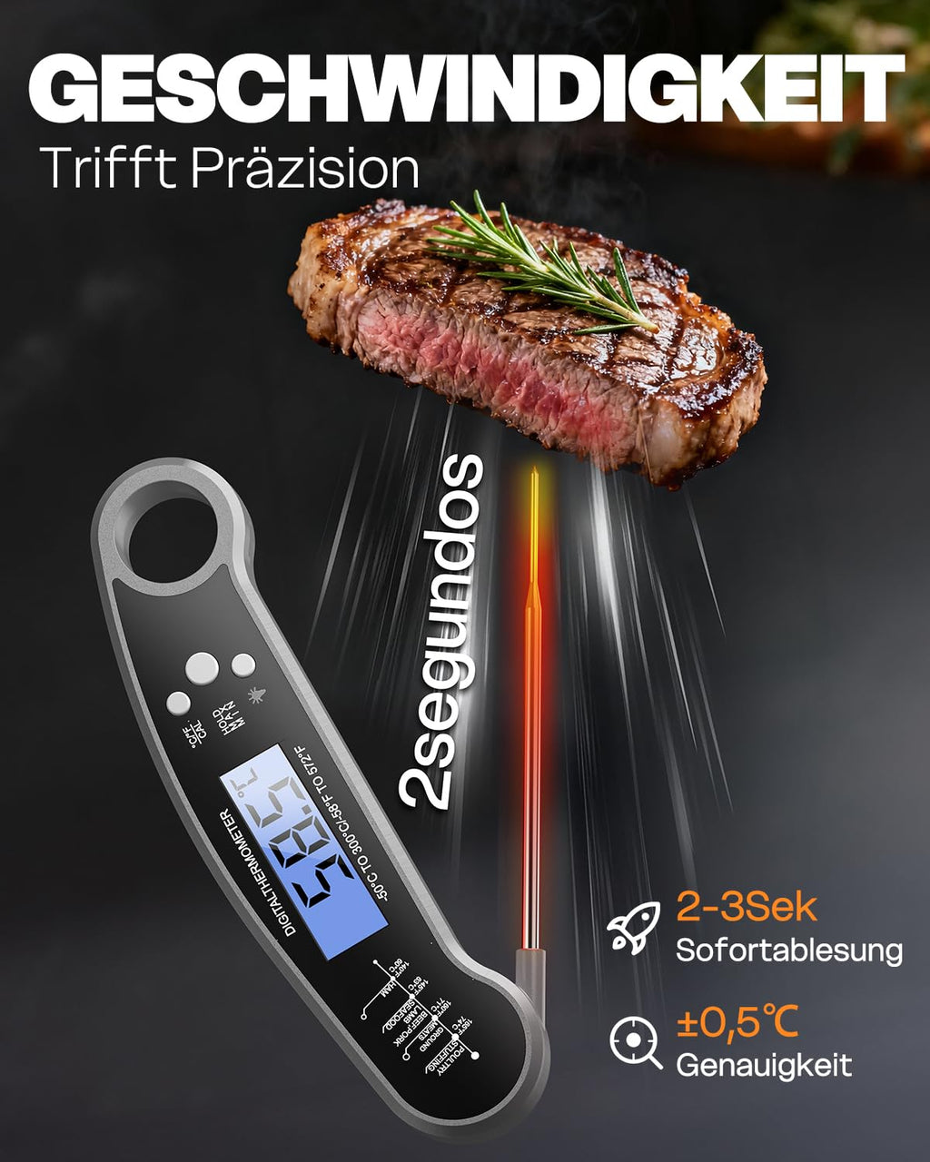 Digitales klappbares Fleischthermometer wasserdicht 3 Sekunden Anzeige