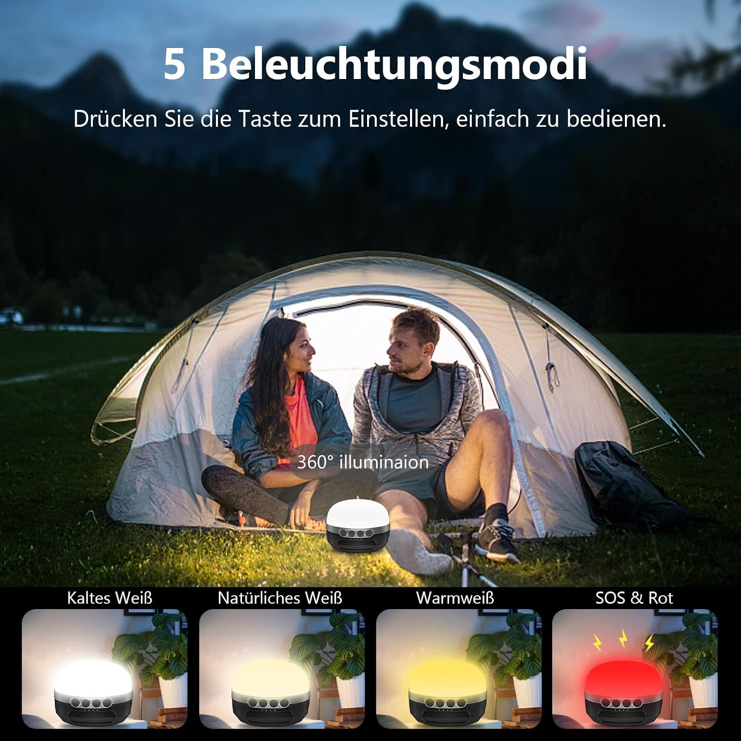 LED Campinglampe 8400 mAh Akku USB-C wiederaufladbar RGB Farbwechsel dimmbar