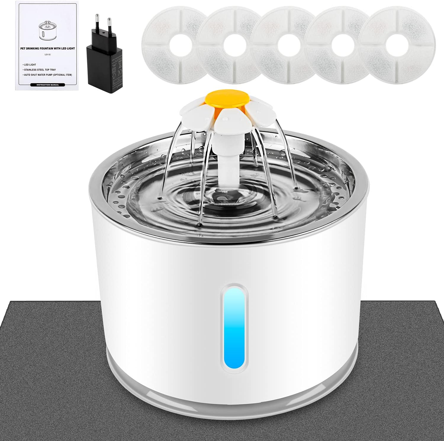 Katzen Trinkbrunnen 2,4L mit Aktivkohlefilter Wasserstandsanzeige LED und 3 Modi