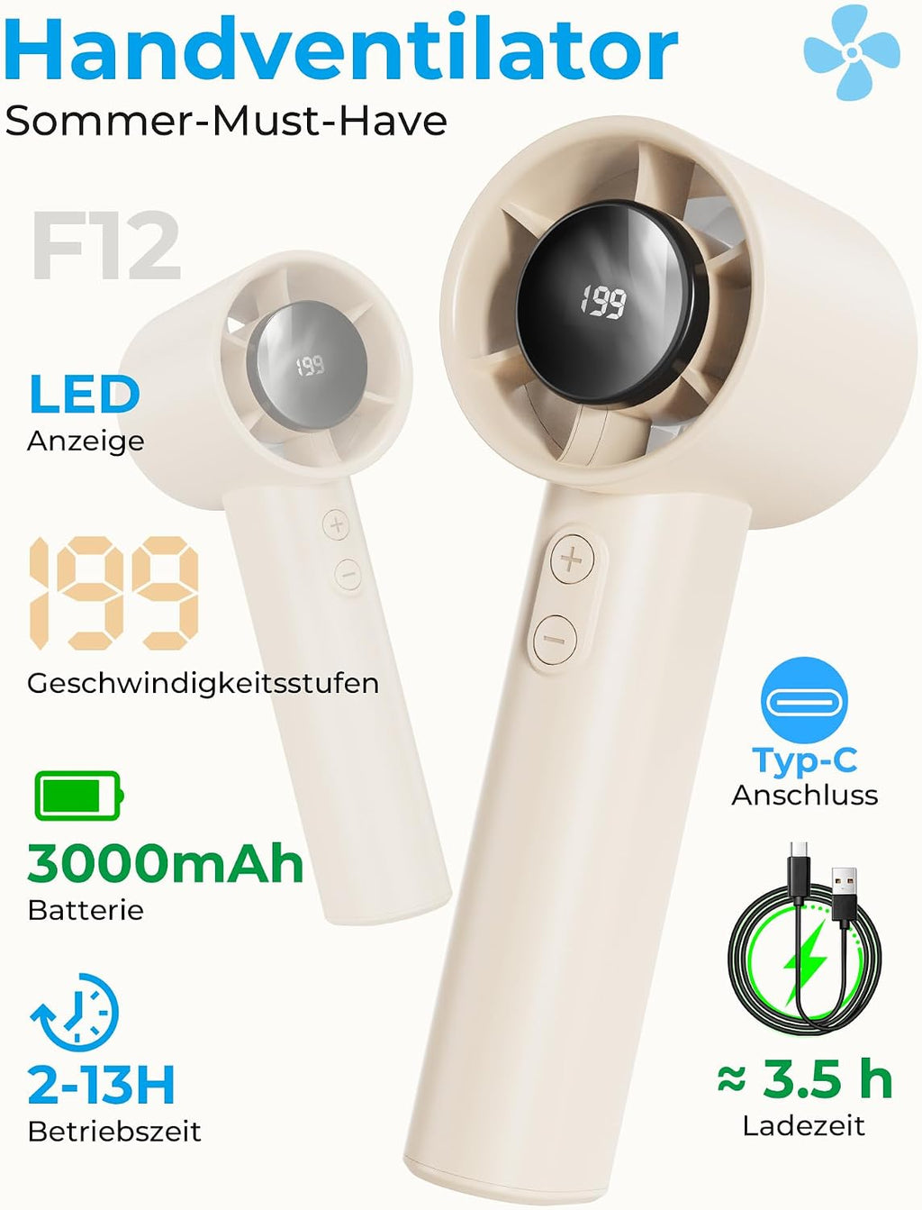 Handventilator Mini USB mit Akku, LED Display, 1-199 Stufen, bis 13 Std, Schwarz
