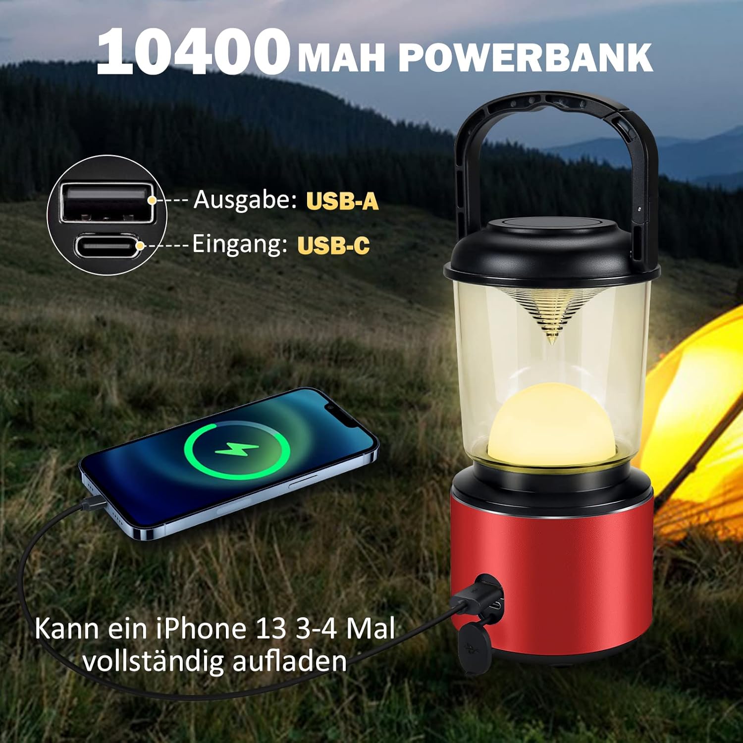 Yonktoo Campinglampe USB‑C 10400 mAh LED mit rotem Licht, LCD, IPX5