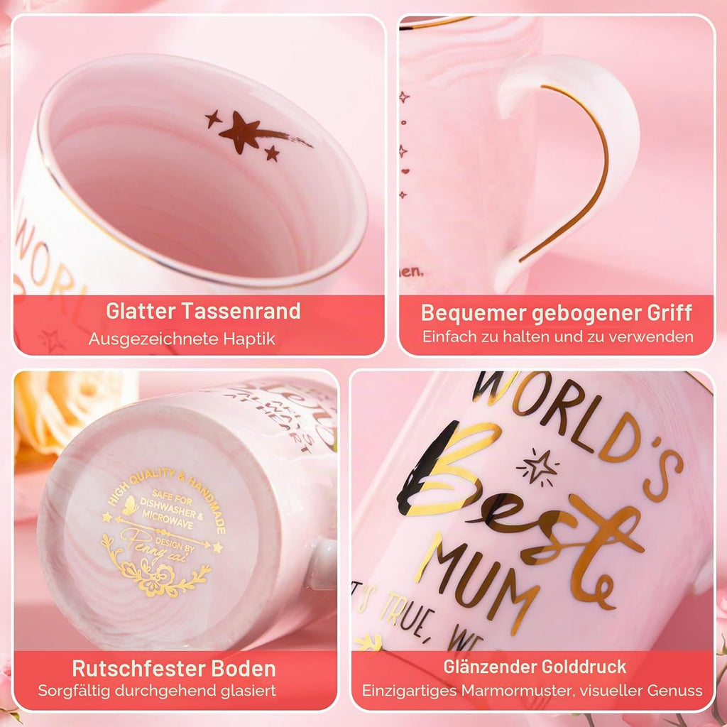 Tasse rosa Marmor mit Deckel Loeffel Geschenkbox Muttertag