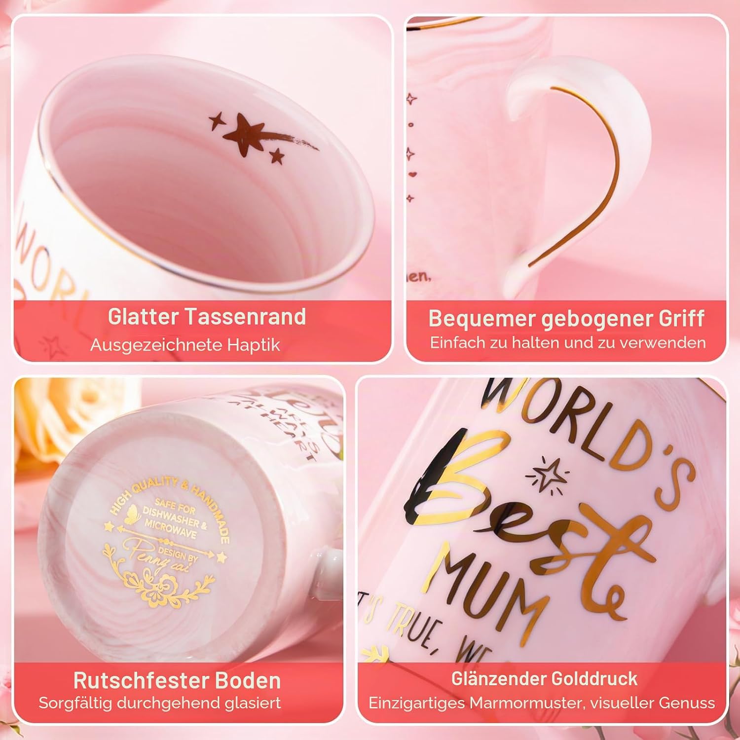 Tasse rosa Marmor mit Deckel Loeffel Geschenkbox Muttertag