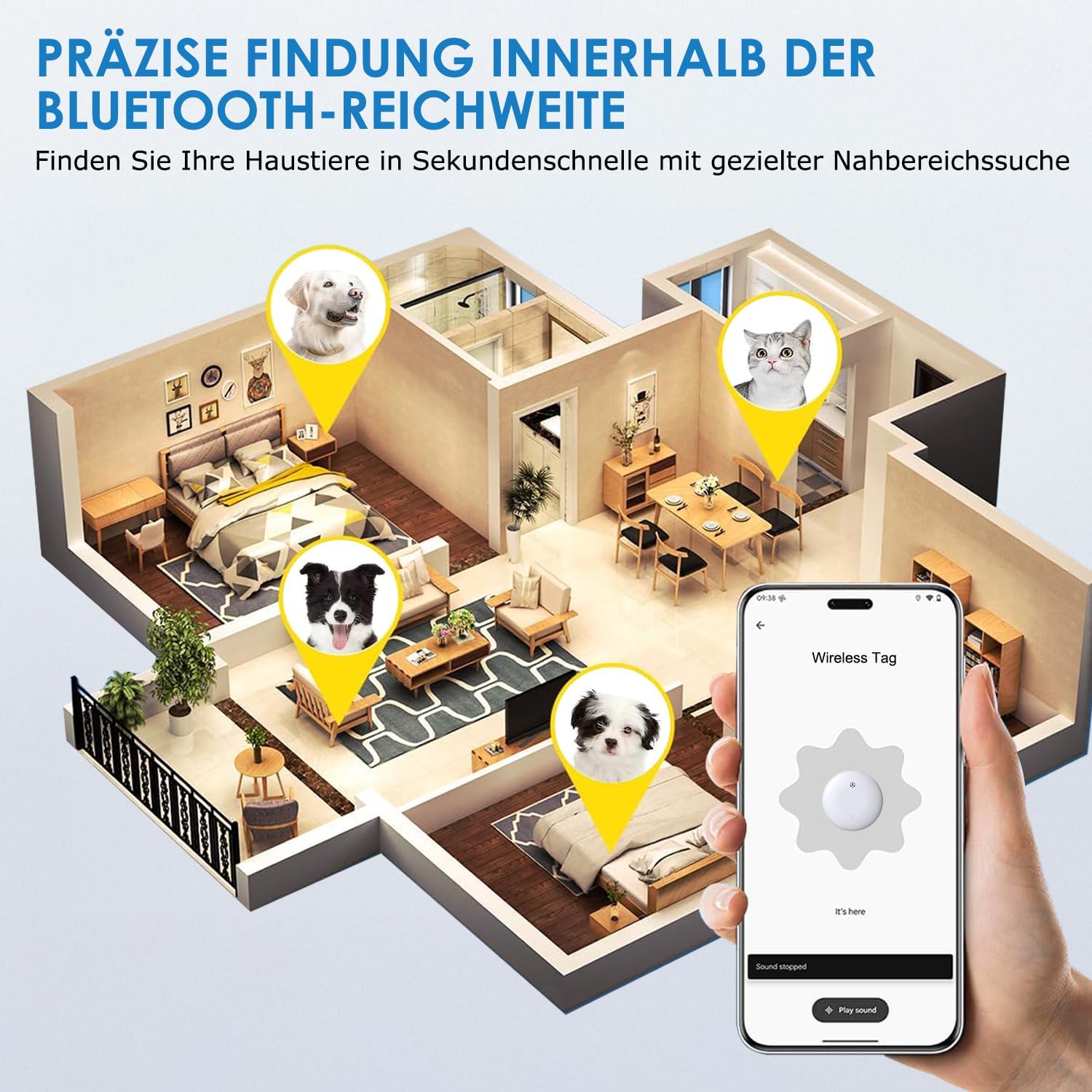 Bluetooth Haustier Tracker mit Halsbandhuelle IP68 wasserdicht fuer Android