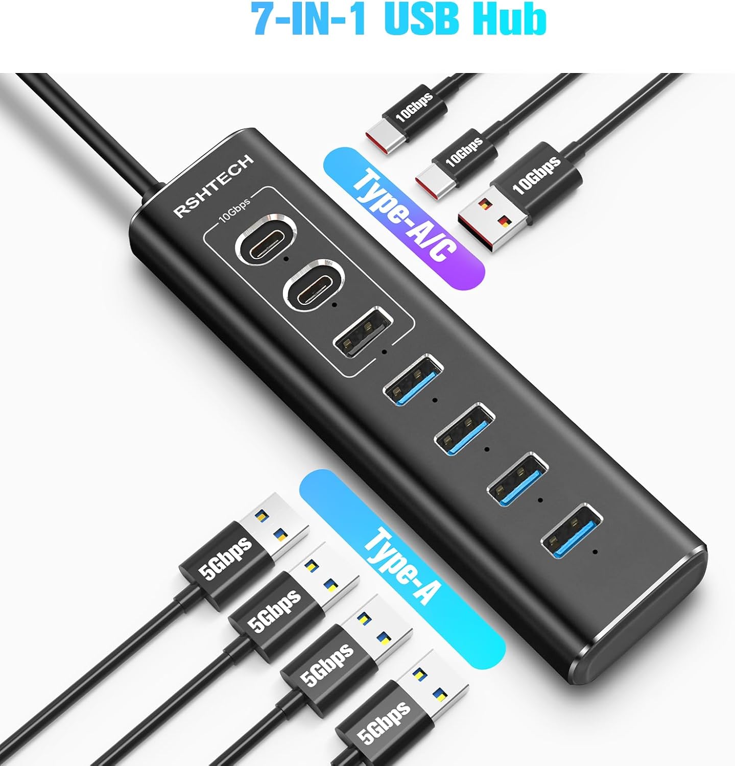 RSHTECH USB‑C Hub 7‑Port 10 Gbps mit Netzteil, USB Splitter Adapter