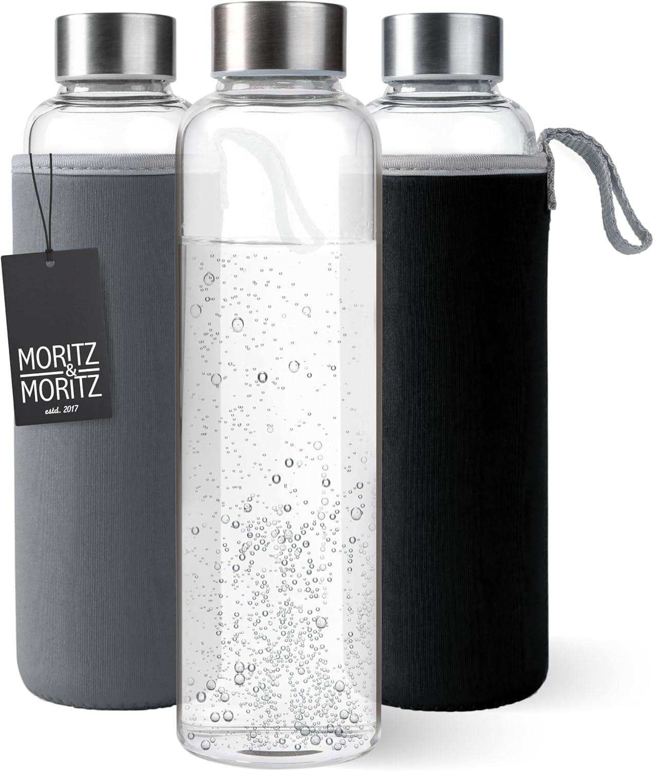 Moritz & Moritz Glas-Trinkflasche auslaufsicher mit Neoprenhuelle