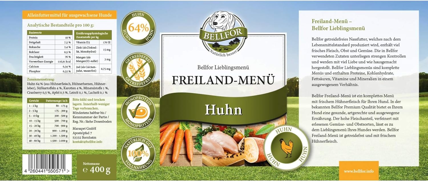 Bellfor Freiland-Menue Hundefutter nass mit Huhn 6x400g, getreidefrei