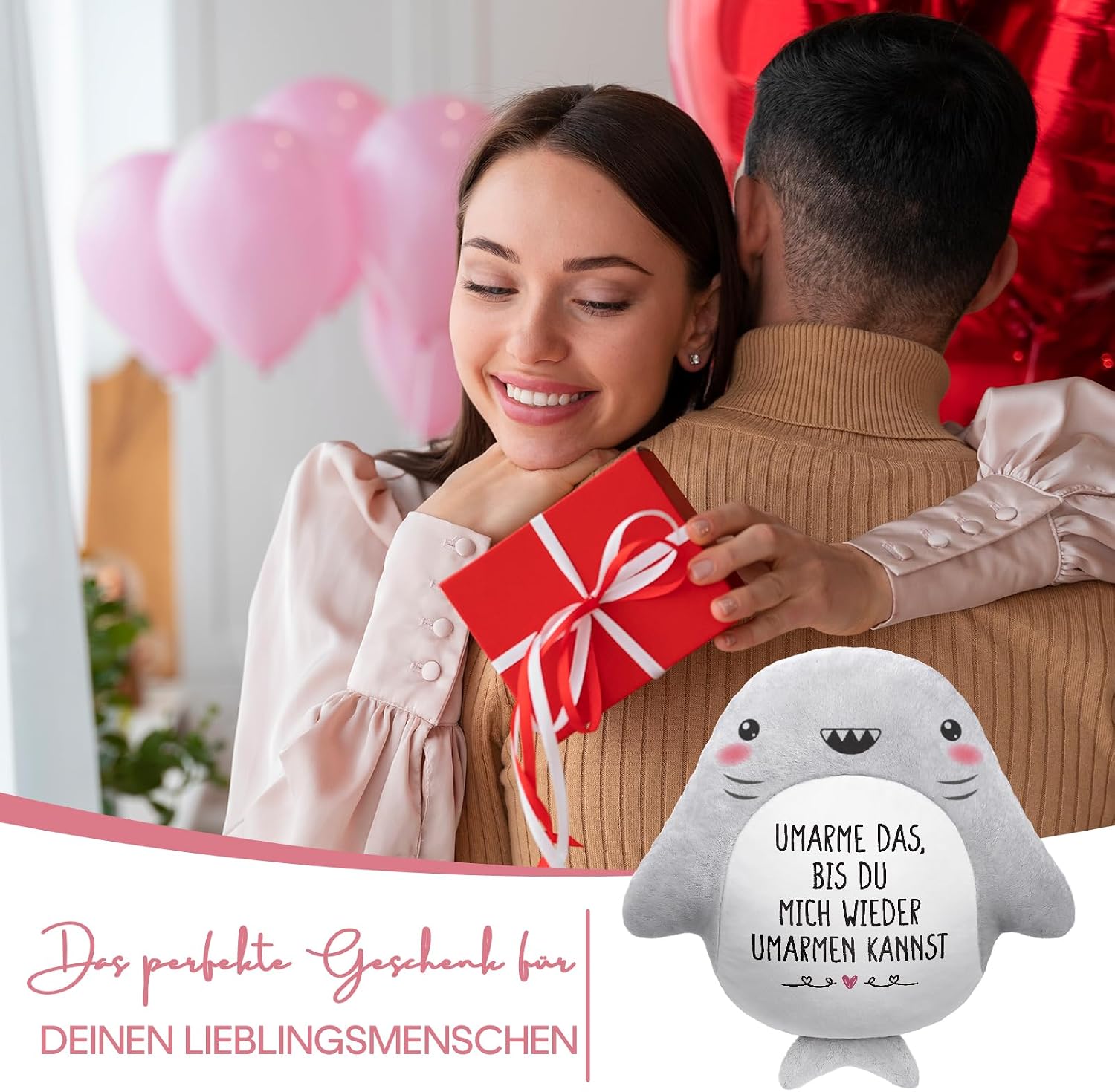 Haifisch Kuschelkissen mit Aufschrift "Ich liebe dich" Valentinstag Geschenk