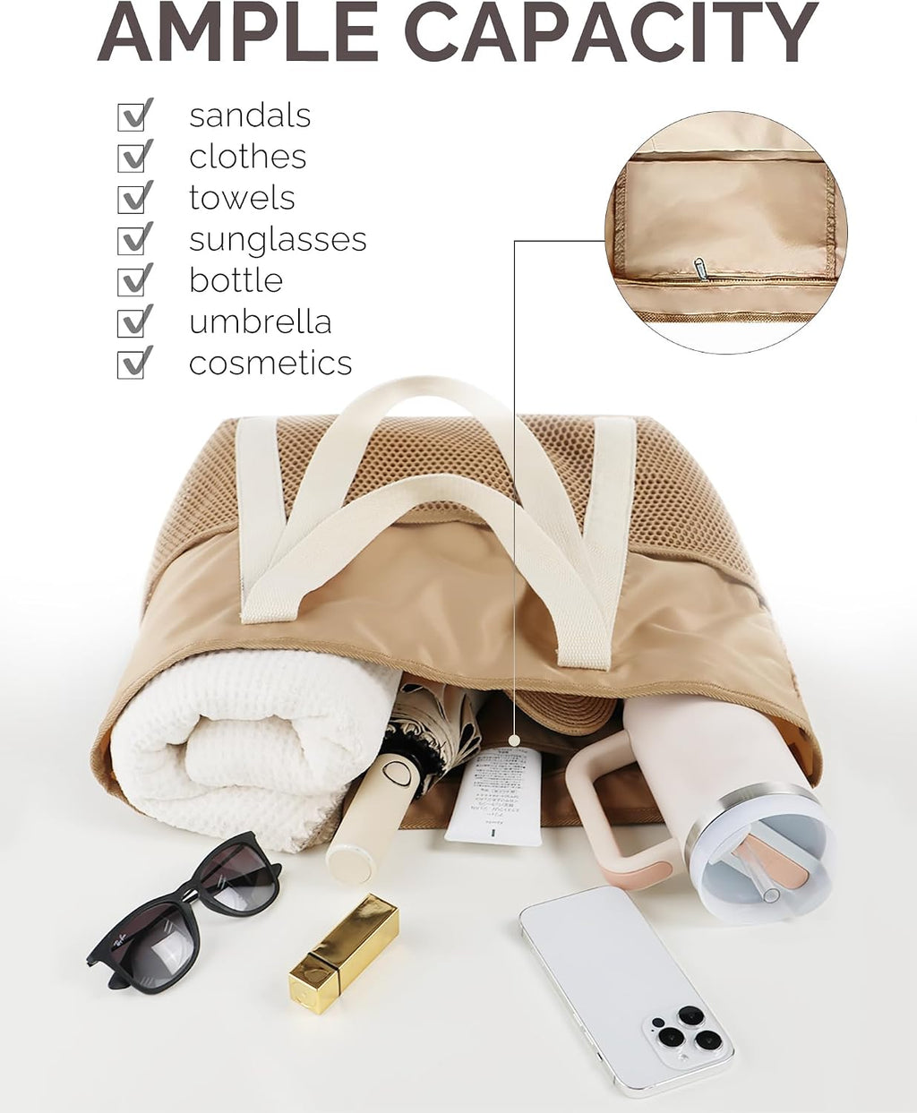 HOMESPON Strandtasche gross mit Reissverschluss, wasserabweisend, Netzfach