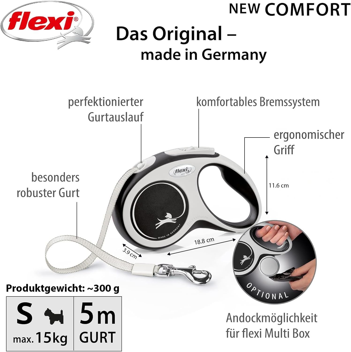 flexi Comfort S 5 m Gurt-Rollleine Schwarz fuer Hunde bis 15 kg 221 g