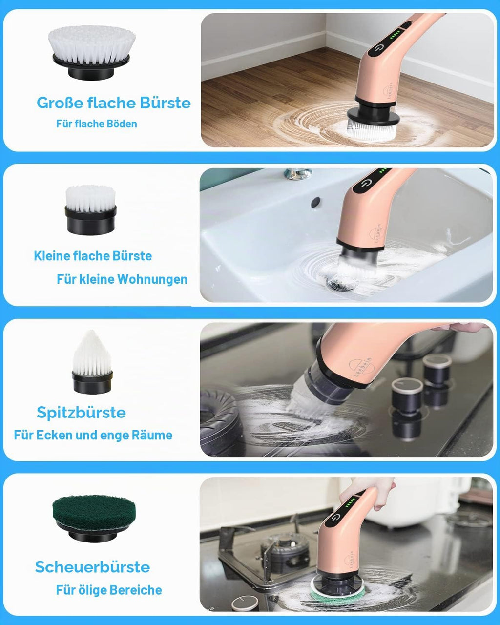Elektrische Reinigungsbuerste Akkubetrieben mit 8 Buersten Spin Scrubber