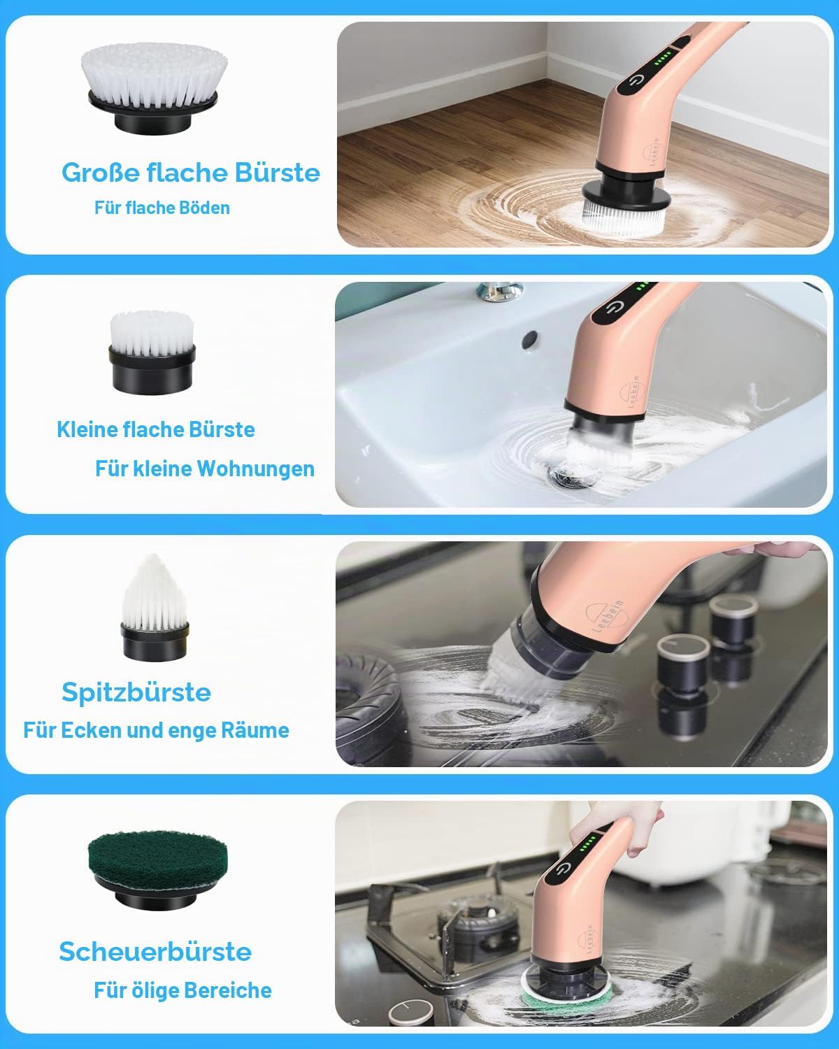 Elektrische Reinigungsbuerste Akkubetrieben mit 8 Buersten Spin Scrubber
