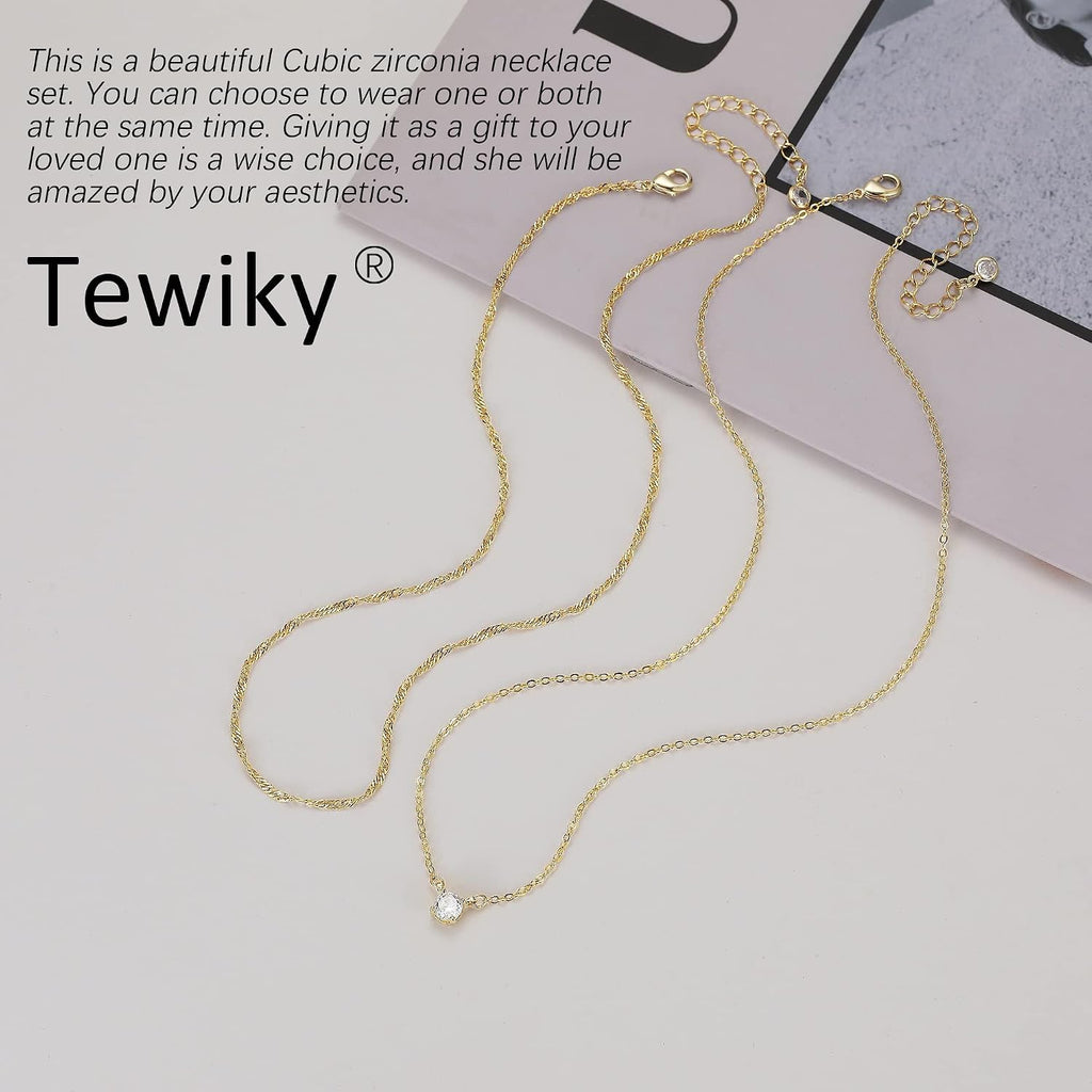 Tewiky Damen Layering Kette 14K Gold vergoldet Silber 925 Choker mit Zirkonia
