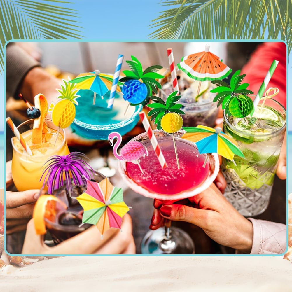 80-teiliges Cocktail Deko-Set Schirmchen Strohhalme Wunderkerzen