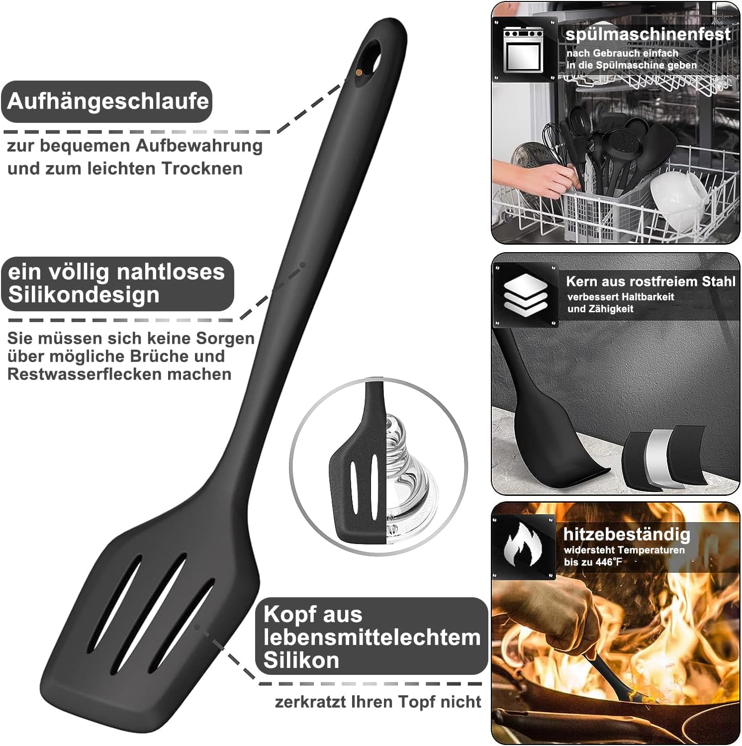 Silikon Kuechenhelfer Set 43-teilig schwarz hitzebestaendig mit Halter