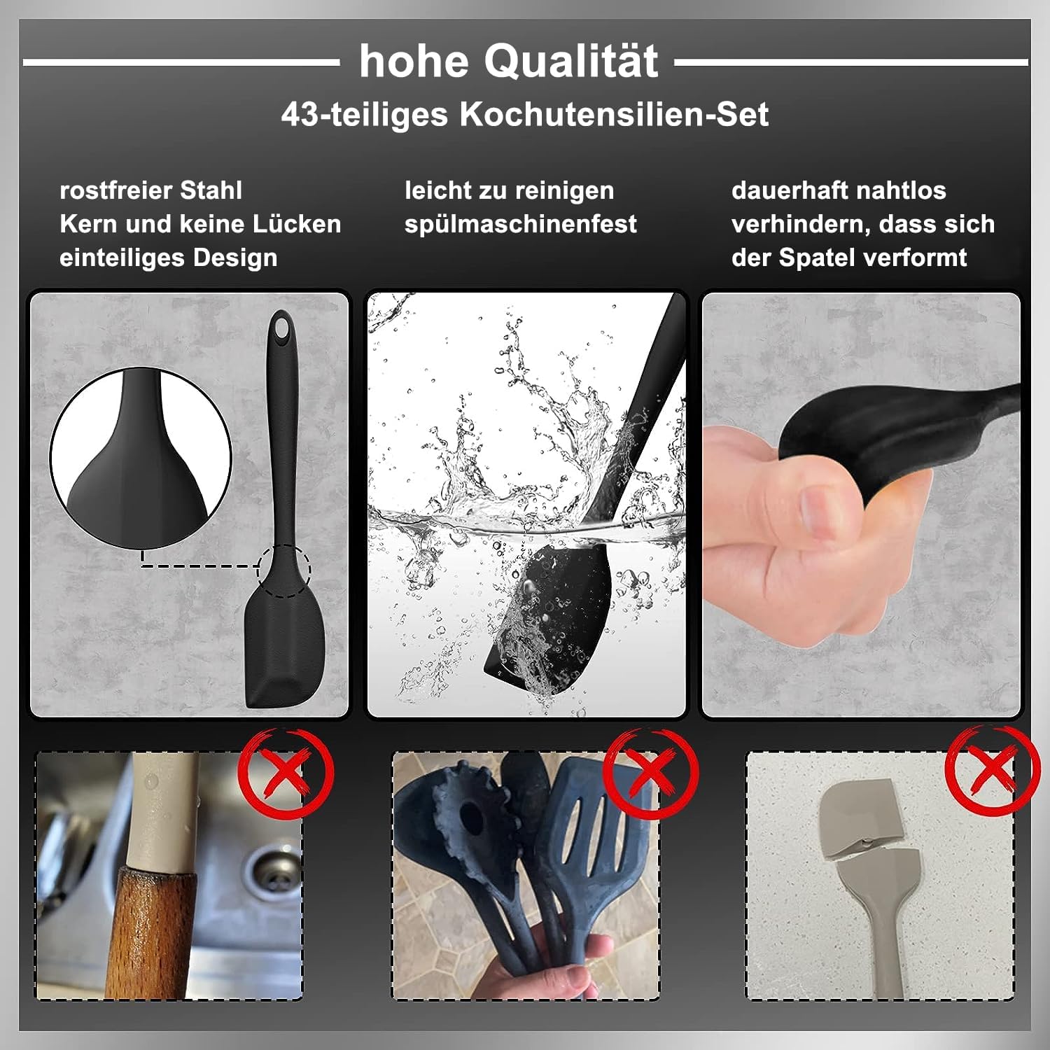 Silikon Kuechenhelfer Set 43-teilig schwarz hitzebestaendig mit Halter